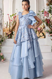 Blue Layered Gown with Ruffled Shoulder and Sequin Embroidery For Girls