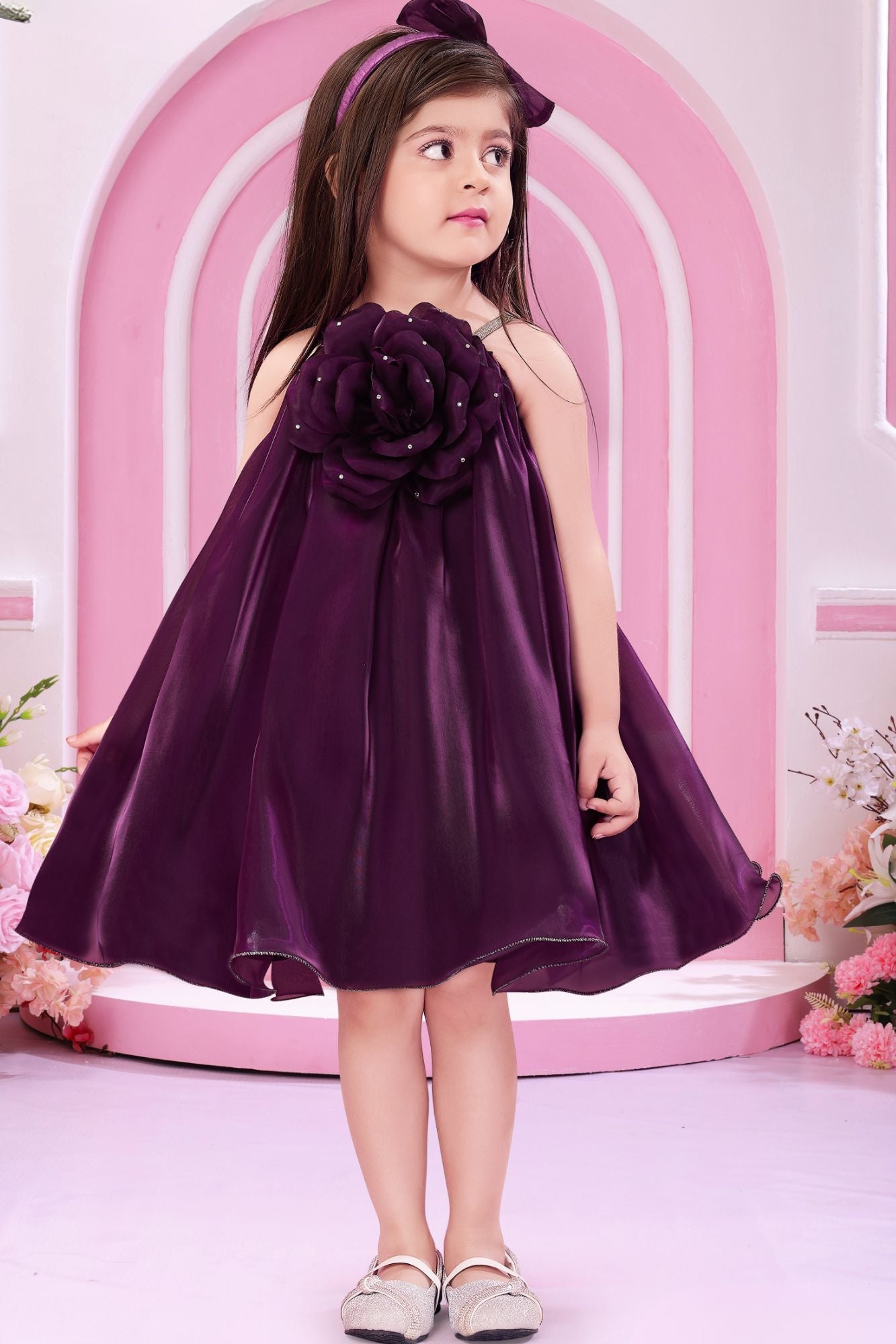 Purple 3D Floral Party Wear Frock for Girls
