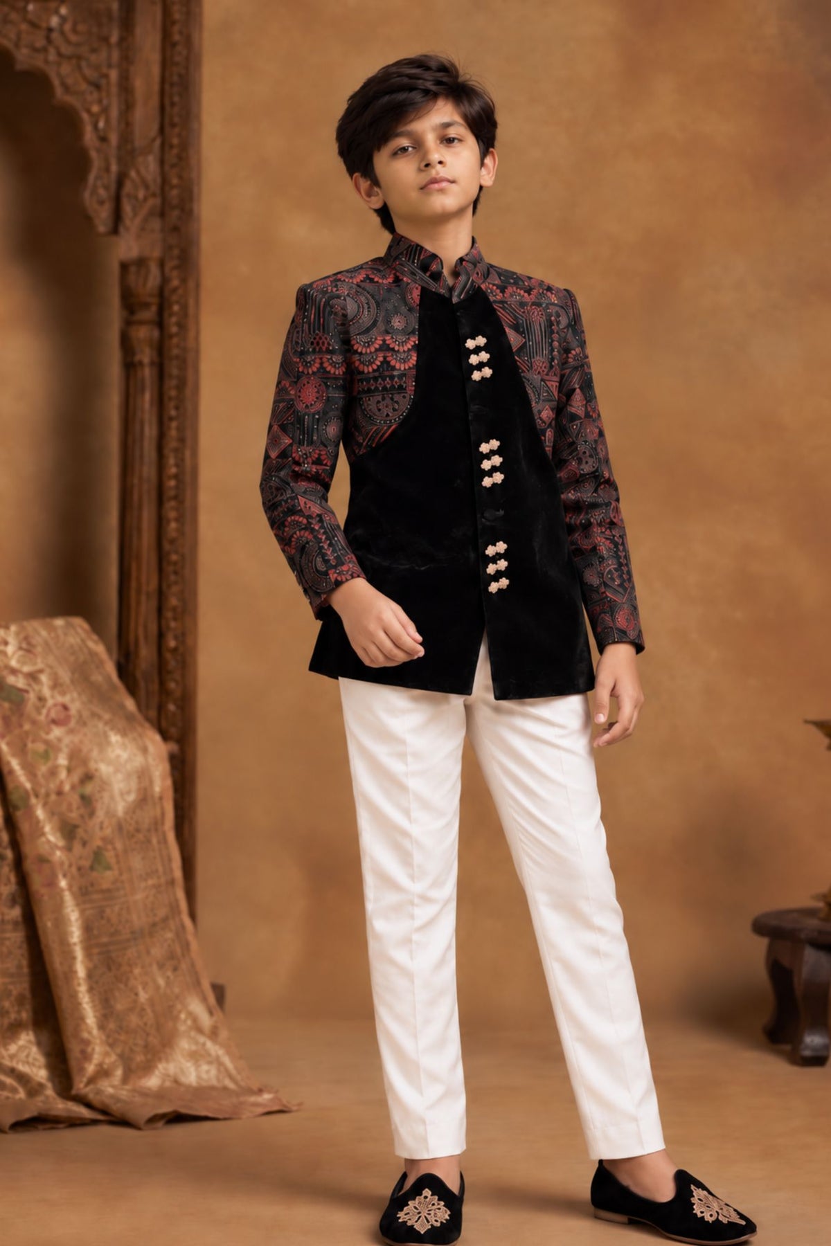 Black Velvet Embroidered Sherwani Set With Pants For Boys