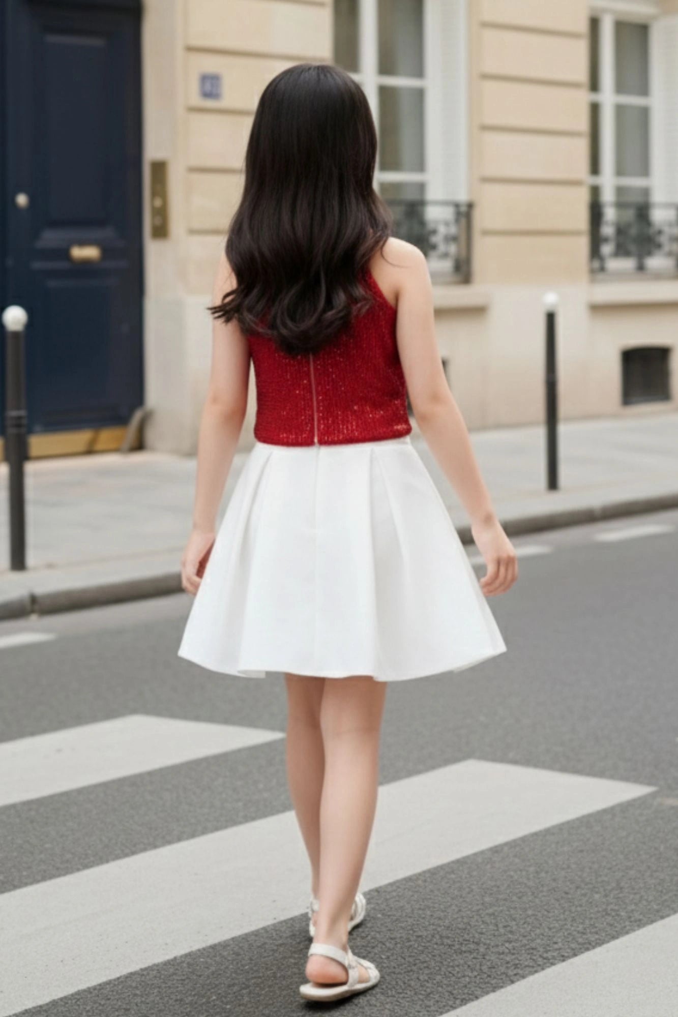 Red Sequin Halter Top & White Pleated Skirt Co-ord Set For Girls