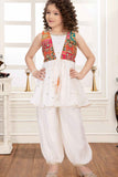 Cream Sequins Work Dhoti Set With Zari Work Overcoat For Girls