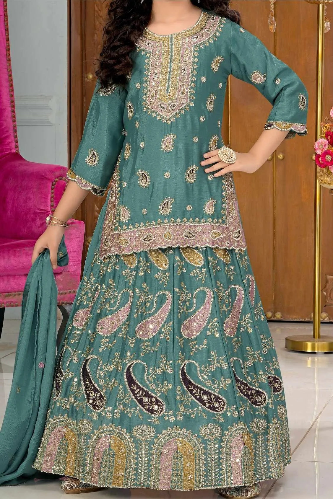 Rama Green Embroidered Lehenga Set for Girls
