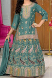 Rama Green Embroidered Lehenga Set for Girls