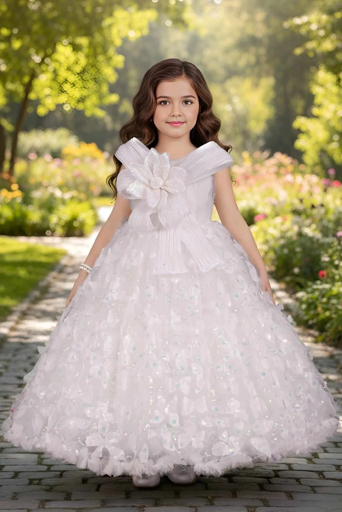 White Floral Appliqué Princess Gown For Girls