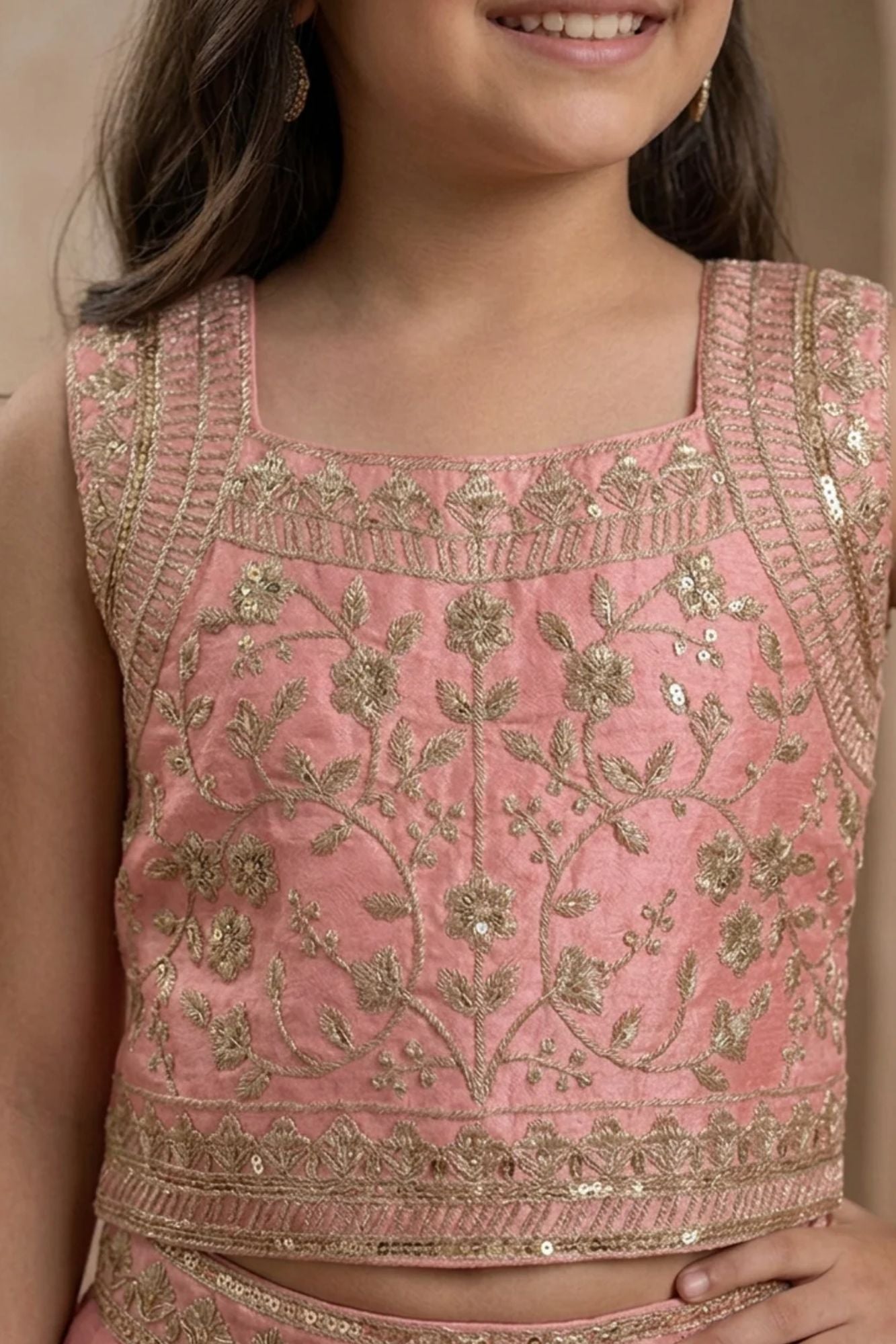 Girls Peach Embroidered Lehenga Choli Set with Dupatta