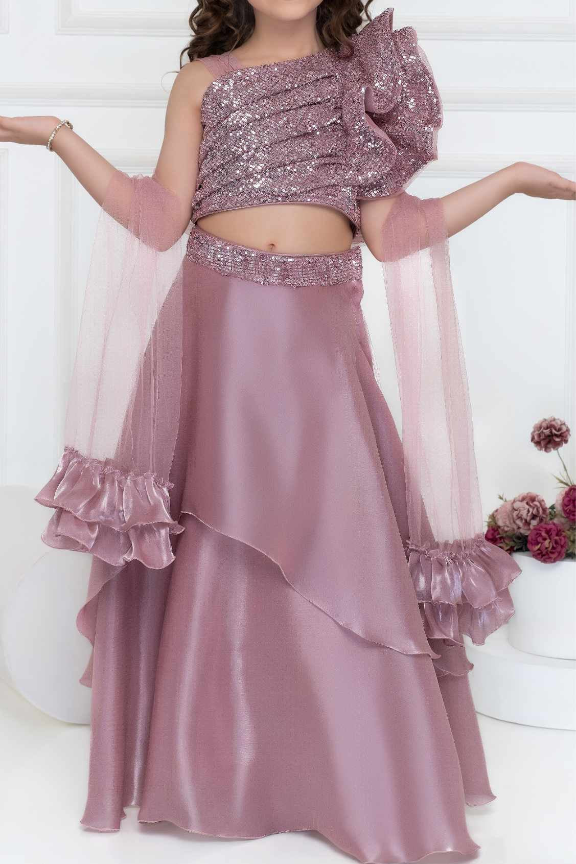 Mauve Organza Lehenga Choli And Dupatta For Girls