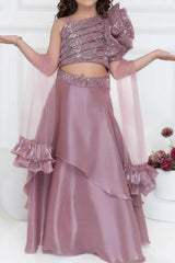 Mauve Organza Lehenga Choli And Dupatta For Girls