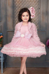 Designer Pink Frock With Bow Embellishment And Overcoat For Girls