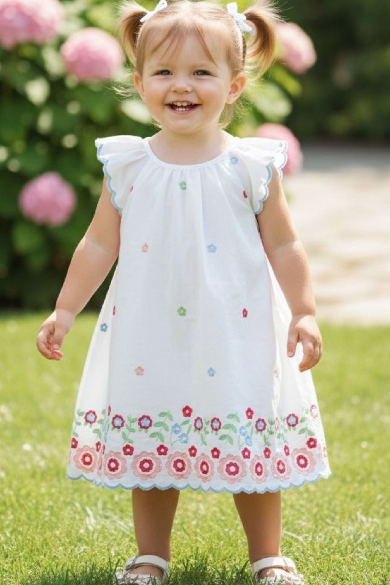 Girls White Embroidered Dress With Ruffle Sleeves