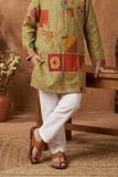 Olive Green Embroidered Patchwork Kurta Set For Boys