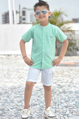 Green Striped Shirt With White Shorts Set For Boys