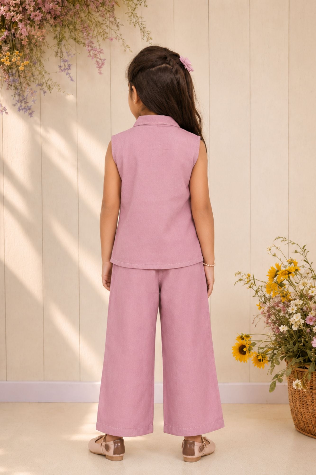 Dusty Lilac Floral Embroidered Shirt & Wide-Leg Co-Ord Set