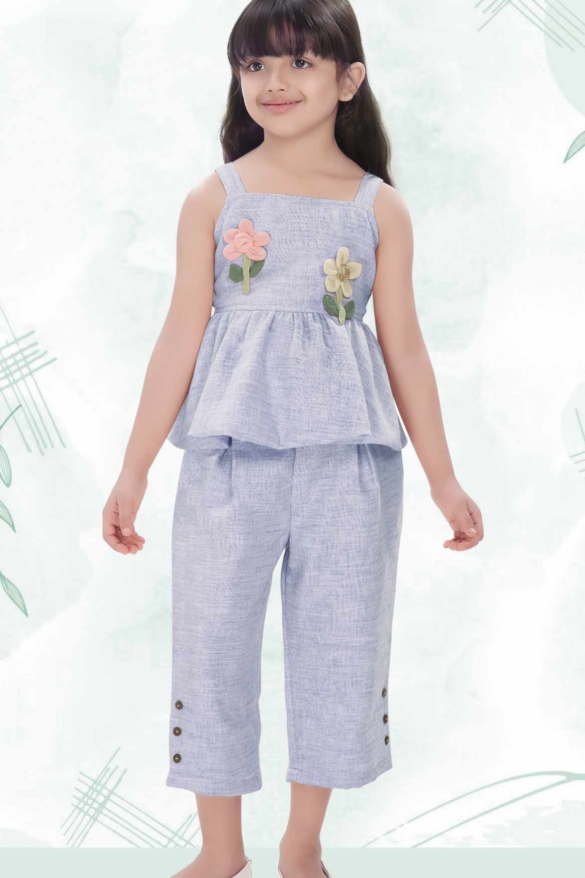 Blue Floral Appliqué And Palazzo Set For Girls