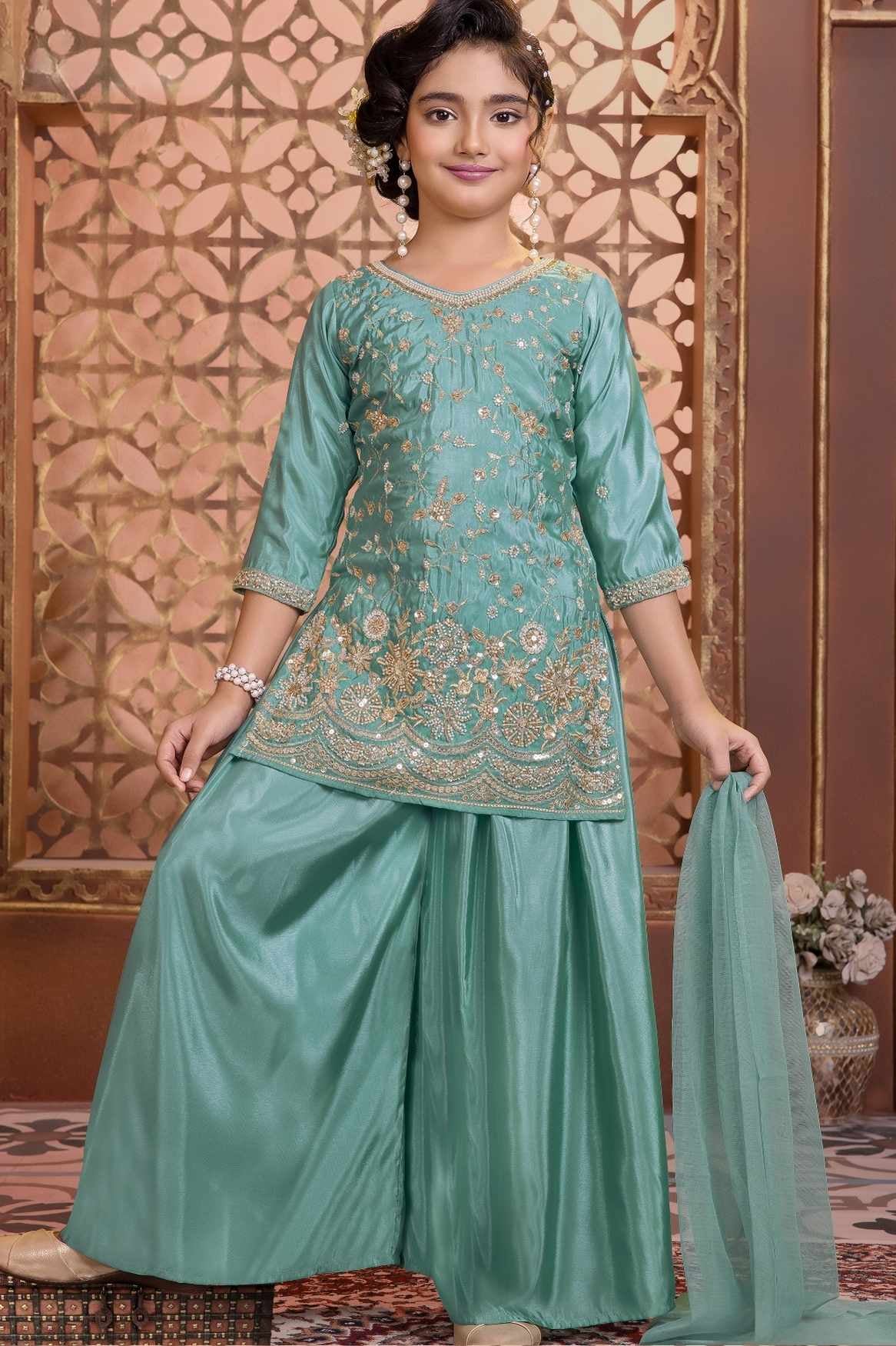 Sea Green Embroidered Palazzo Set with Dupatta For Girls