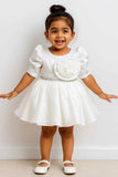 White Puff-Sleeve Party Dress With Rosette  For Girls