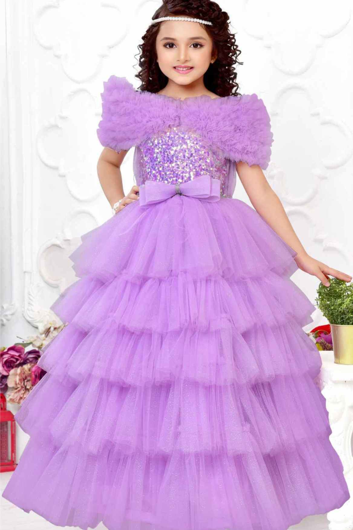 Designer Lavender Sequin Multilayered Net Party Gown With Ruffled Sleeves For Girls