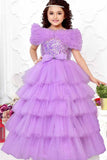 Designer Lavender Sequin Multilayered Net Party Gown With Ruffled Sleeves For Girls