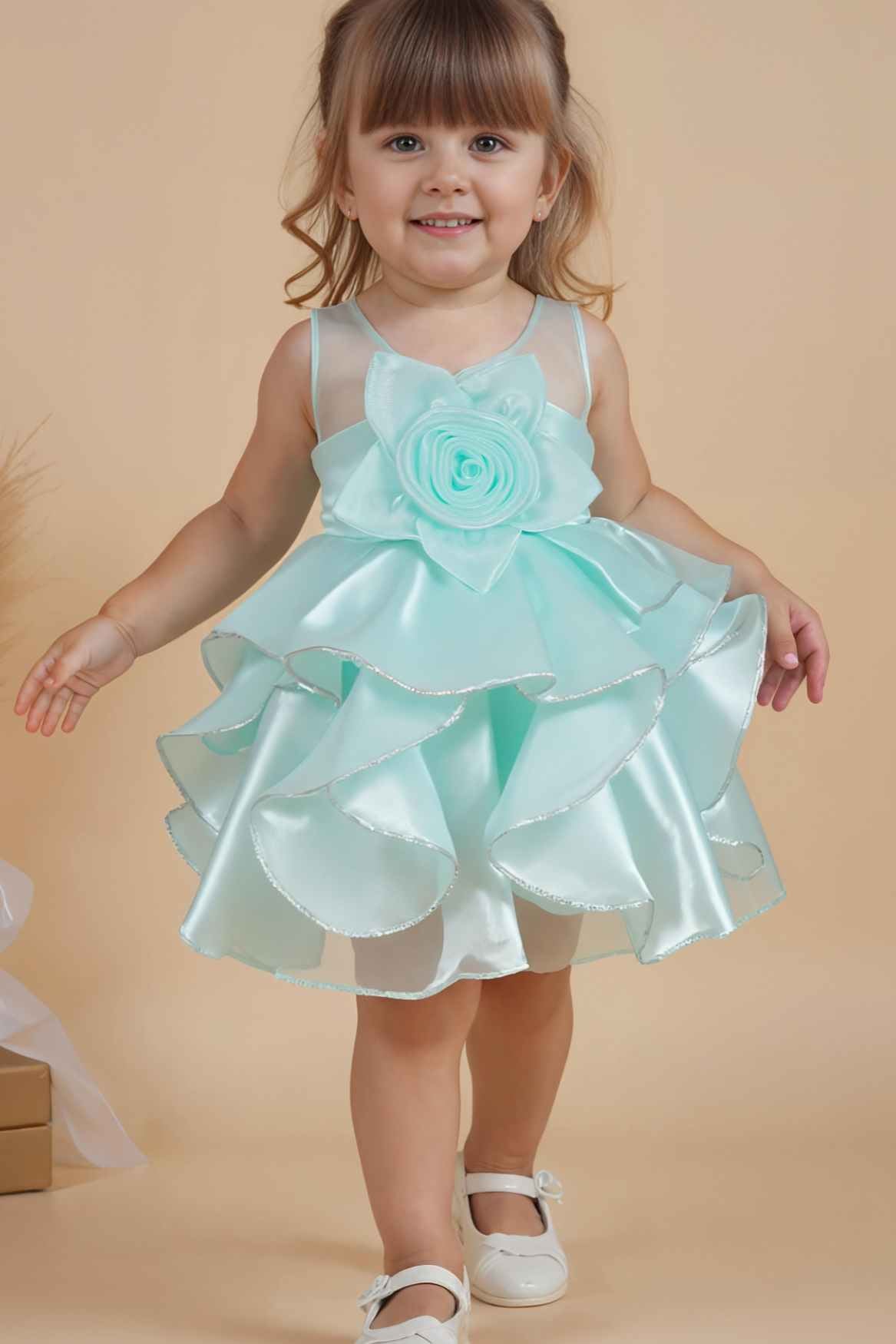Sea Green Ruffled Organza Party Frock With Floral Appliqué For Girls