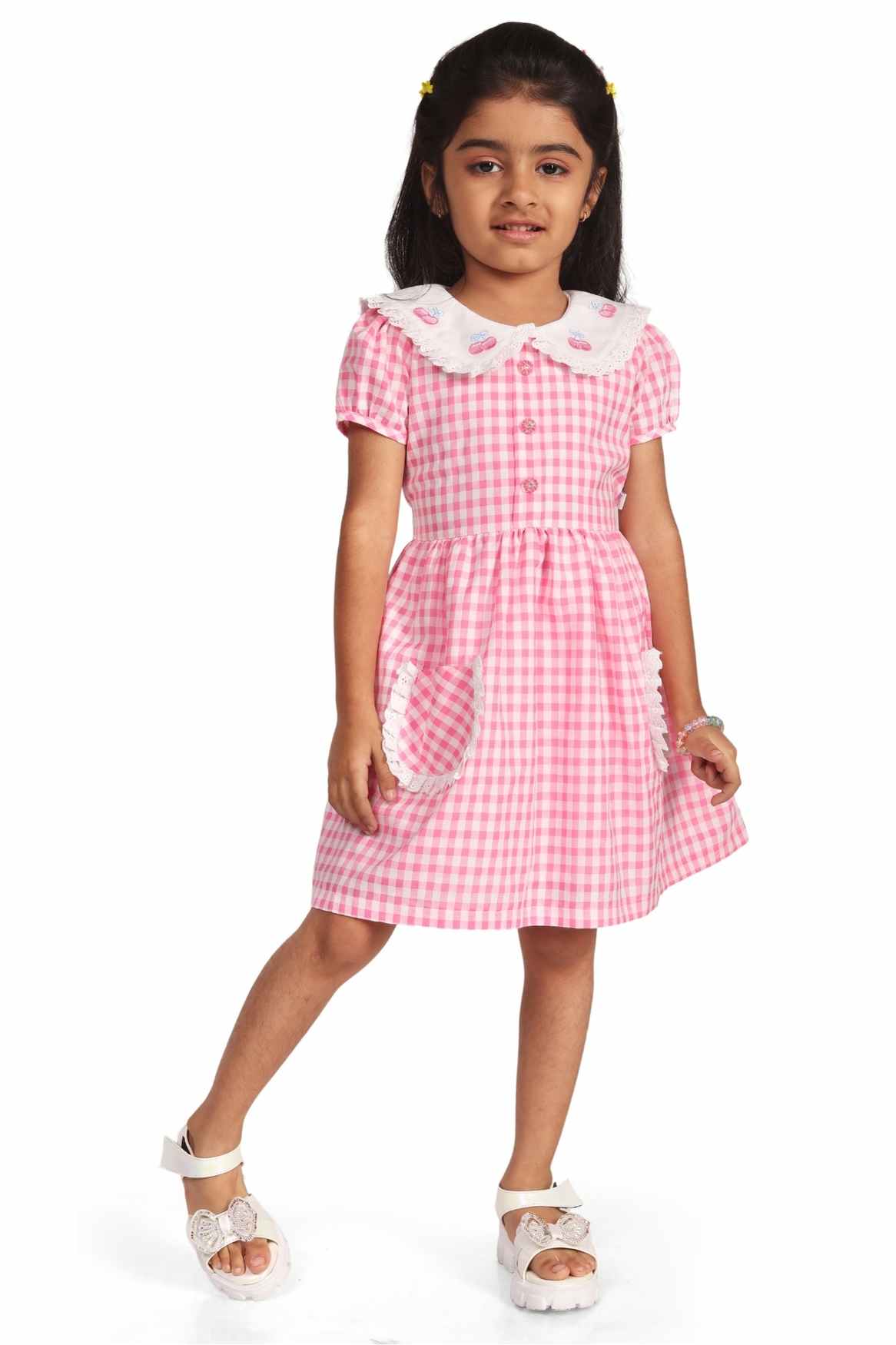 Pink Checked And Embroidery Frock For Girls