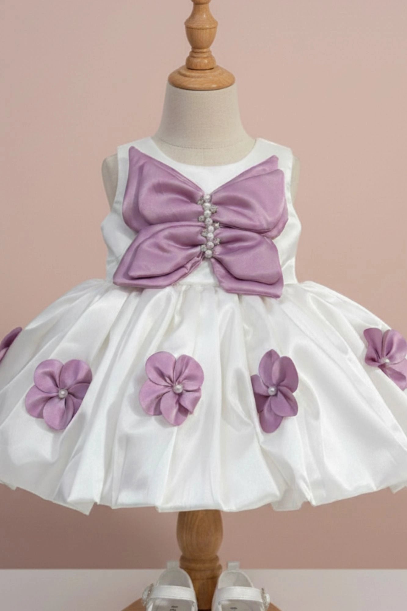 White & Pink Butterfly Bow Party Wear Frock for Girls