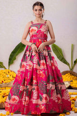 Rani Pink Gown With Printed And Mirror Work For Girls