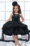 Black Sequin High-Low Layered Party Frock with Bow For Girls