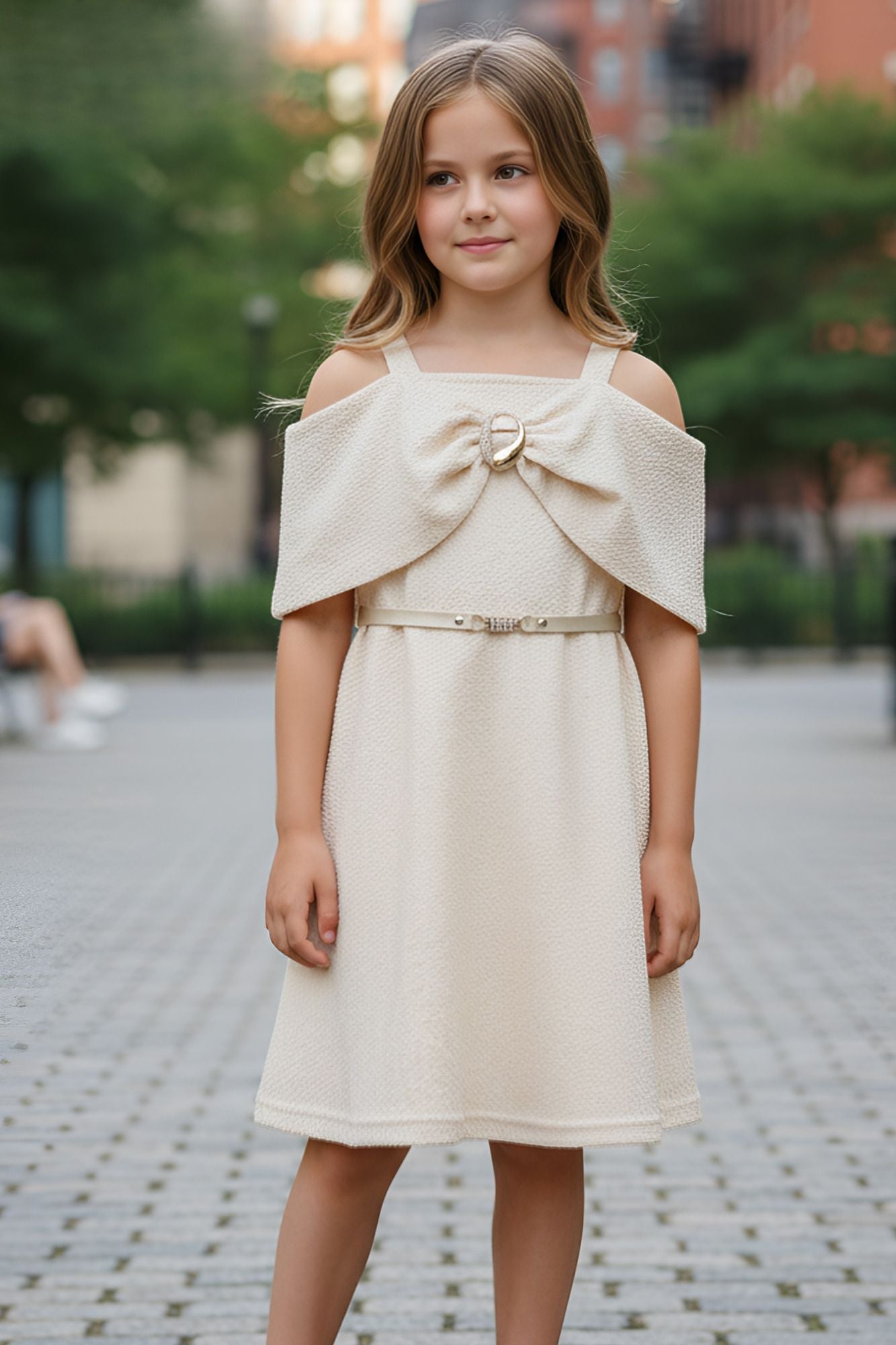 Fawn Off-Shoulder Bow Party Dress For Girls