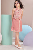 Girls Peach Skirt Set with Sleeveless Jacket Style Top