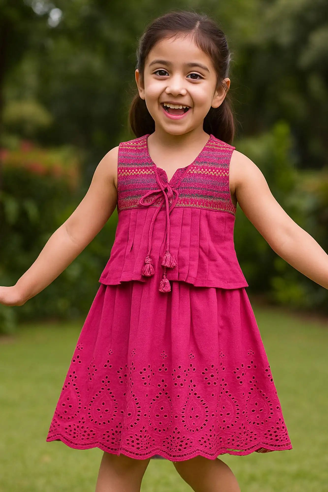 Dark Pink Sleeveless Cotton Dress with Tassel Tie-Up For Girls