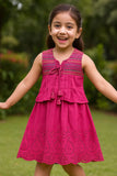 Dark Pink Sleeveless Cotton Dress with Tassel Tie-Up For Girls