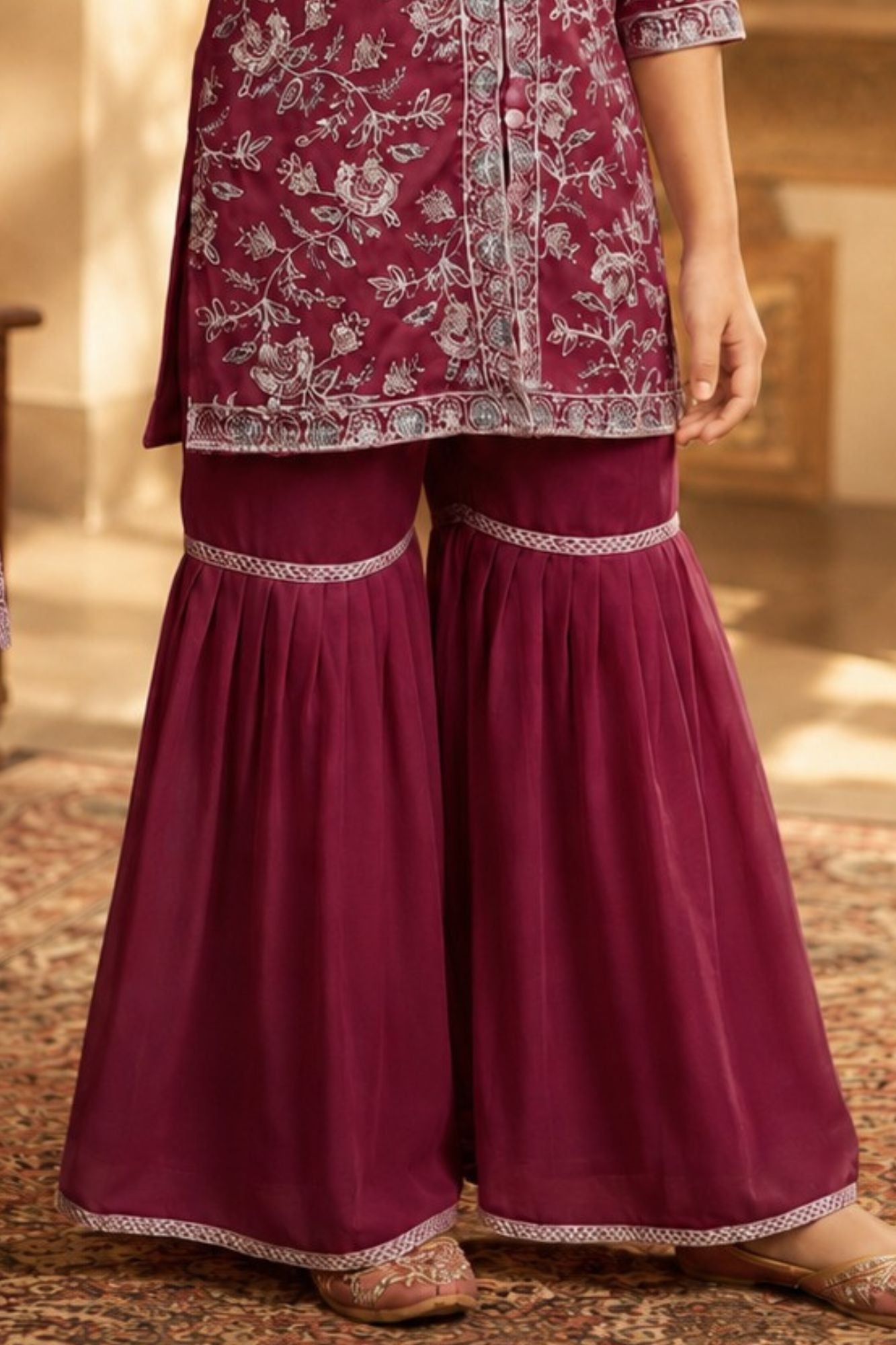 Dark Mauve Thread Embroidered Short Kurti with Sharara and Dupatta For Girls