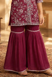 Dark Mauve Thread Embroidered Short Kurti with Sharara and Dupatta For Girls