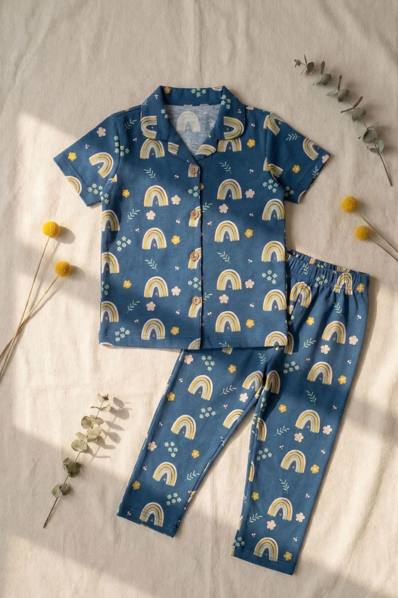 Blue Rainbow Print Night Suit Set For Girls