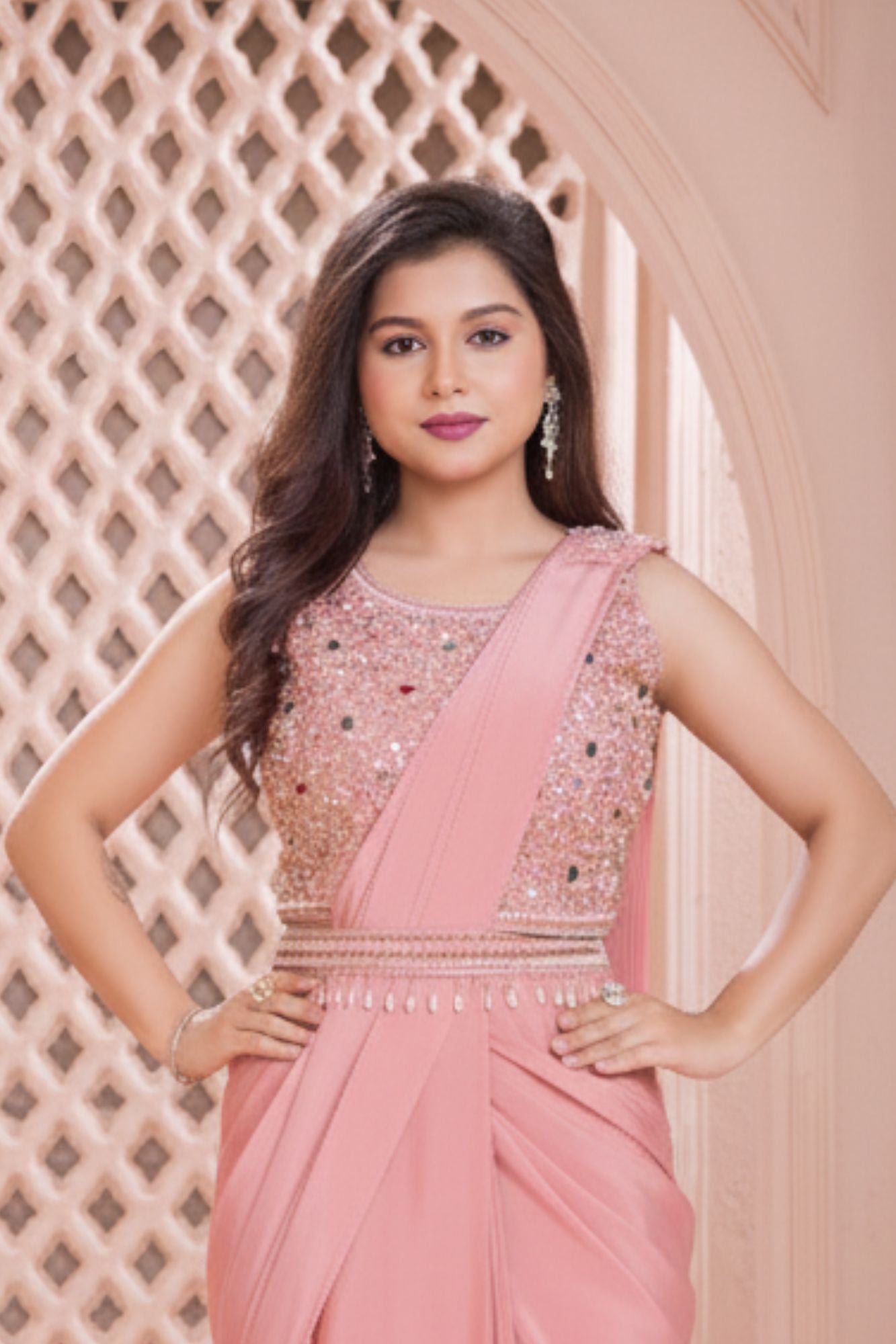 Designer Peach Pre Draped Saree with Embellished Blouse For Girls