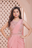 Designer Peach Pre Draped Saree with Embellished Blouse For Girls