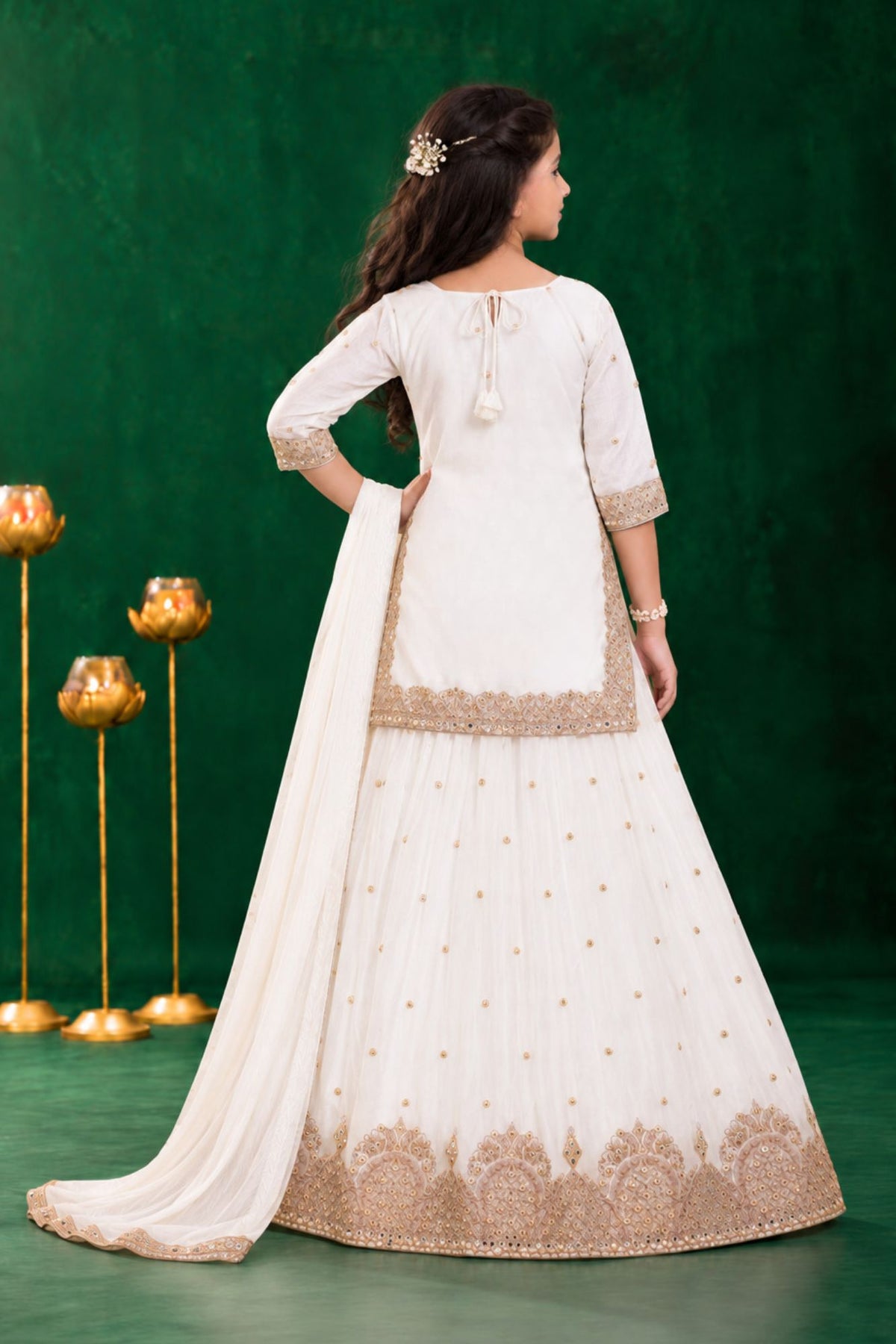 Girls Ivory Gold Embellished Lehenga Choli Set With Dupatta