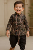 Black Handblock Printed Kurta with Dhoti Set For Boys