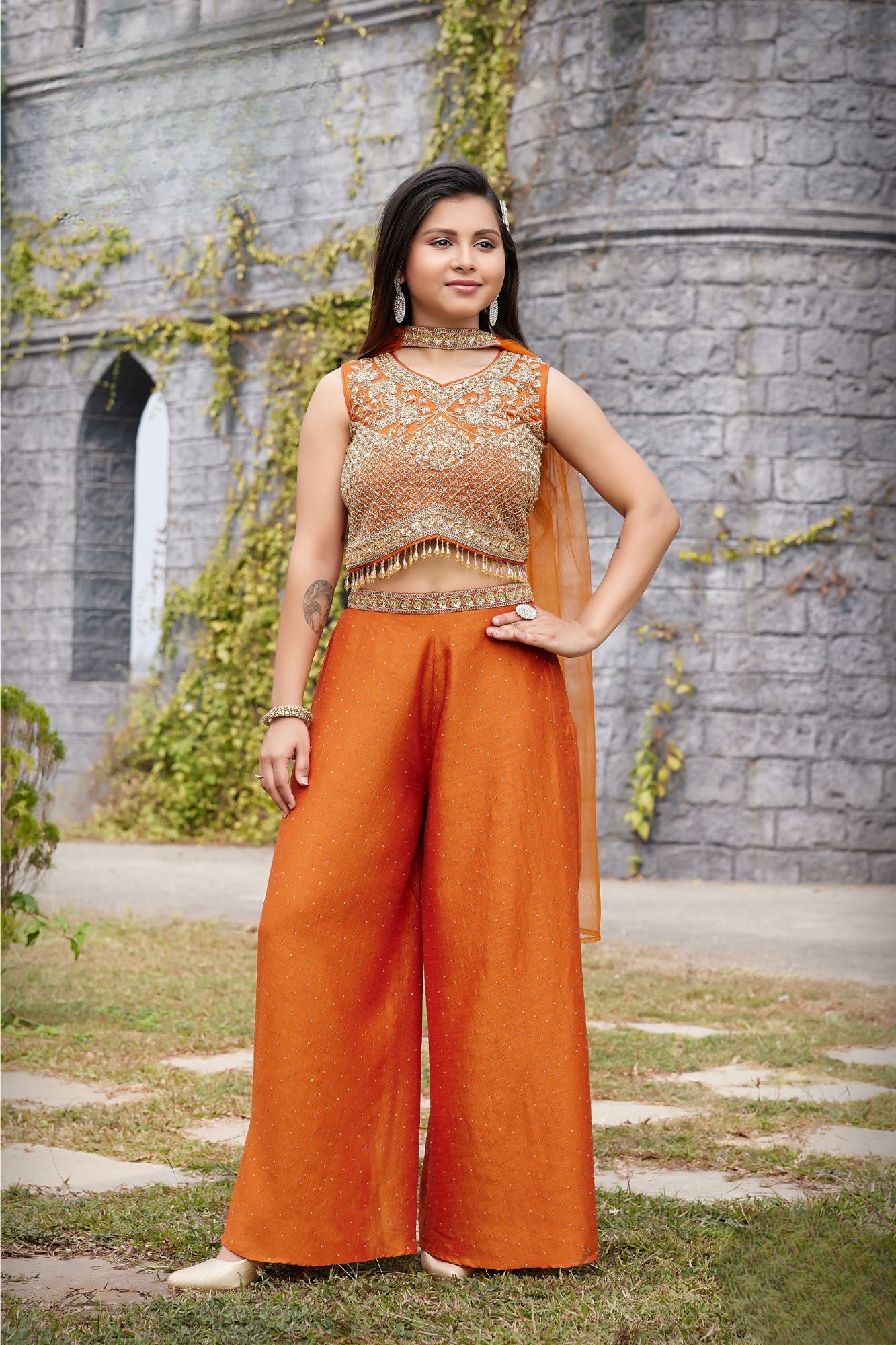 Girls Orange Embroidered Crop Top with Palazzo And Dupatta Set