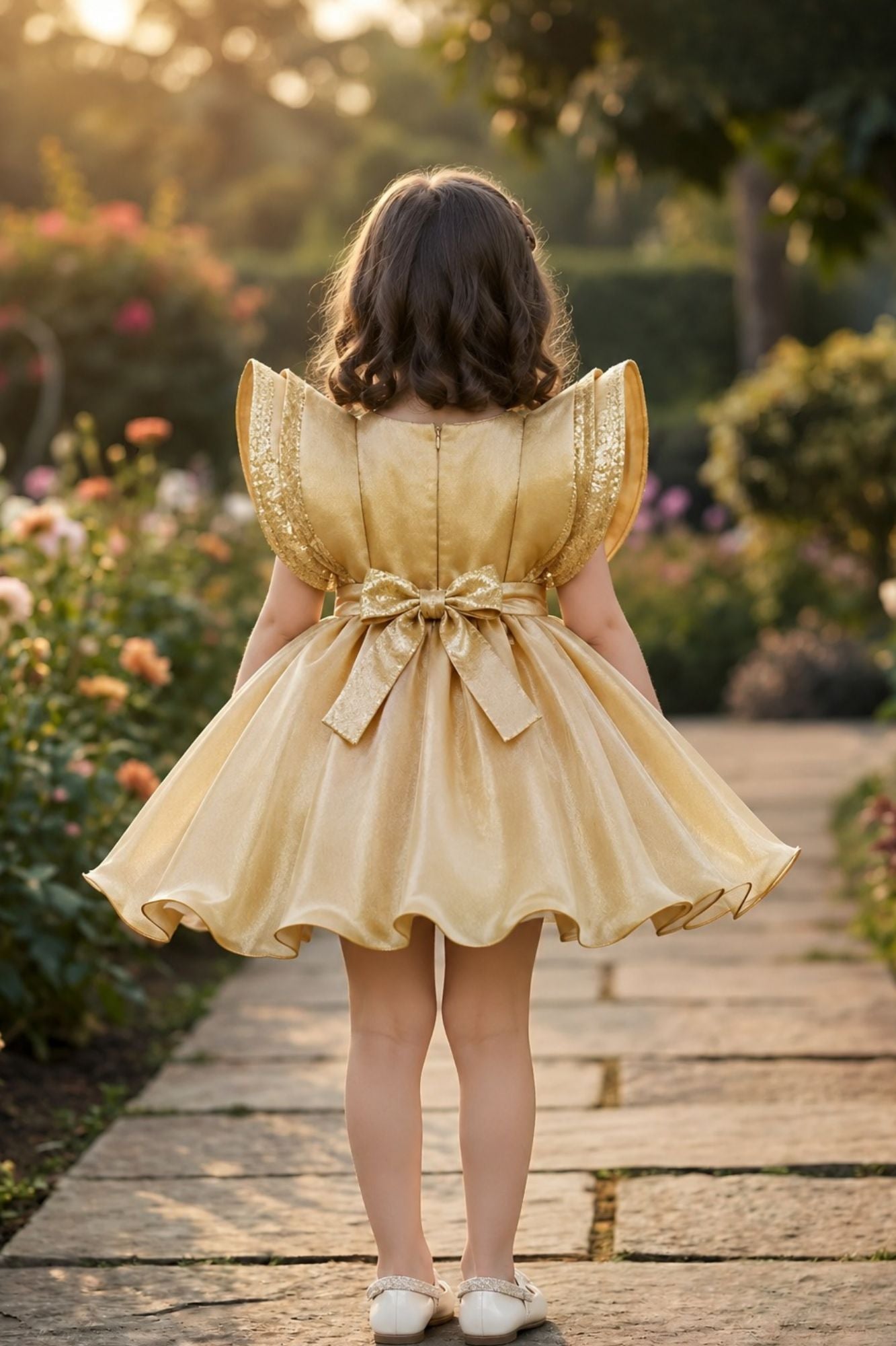 Gold Statement Bow Party Wear Frock for Girls