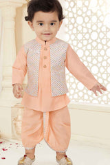 Peach Kurta And Dhoti Set With Sequins Work Waistcoat For Boys