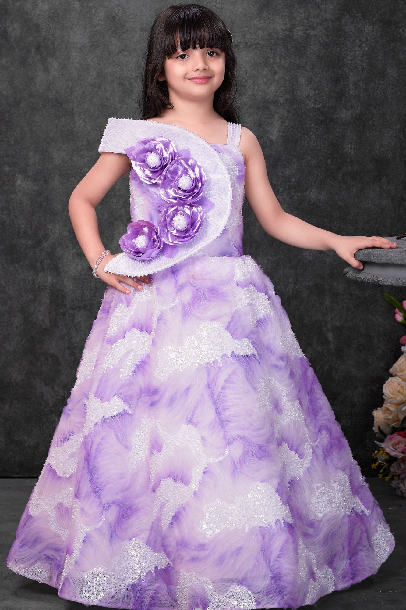Lavender Floral Appliqué Party Wear Gown For Girls
