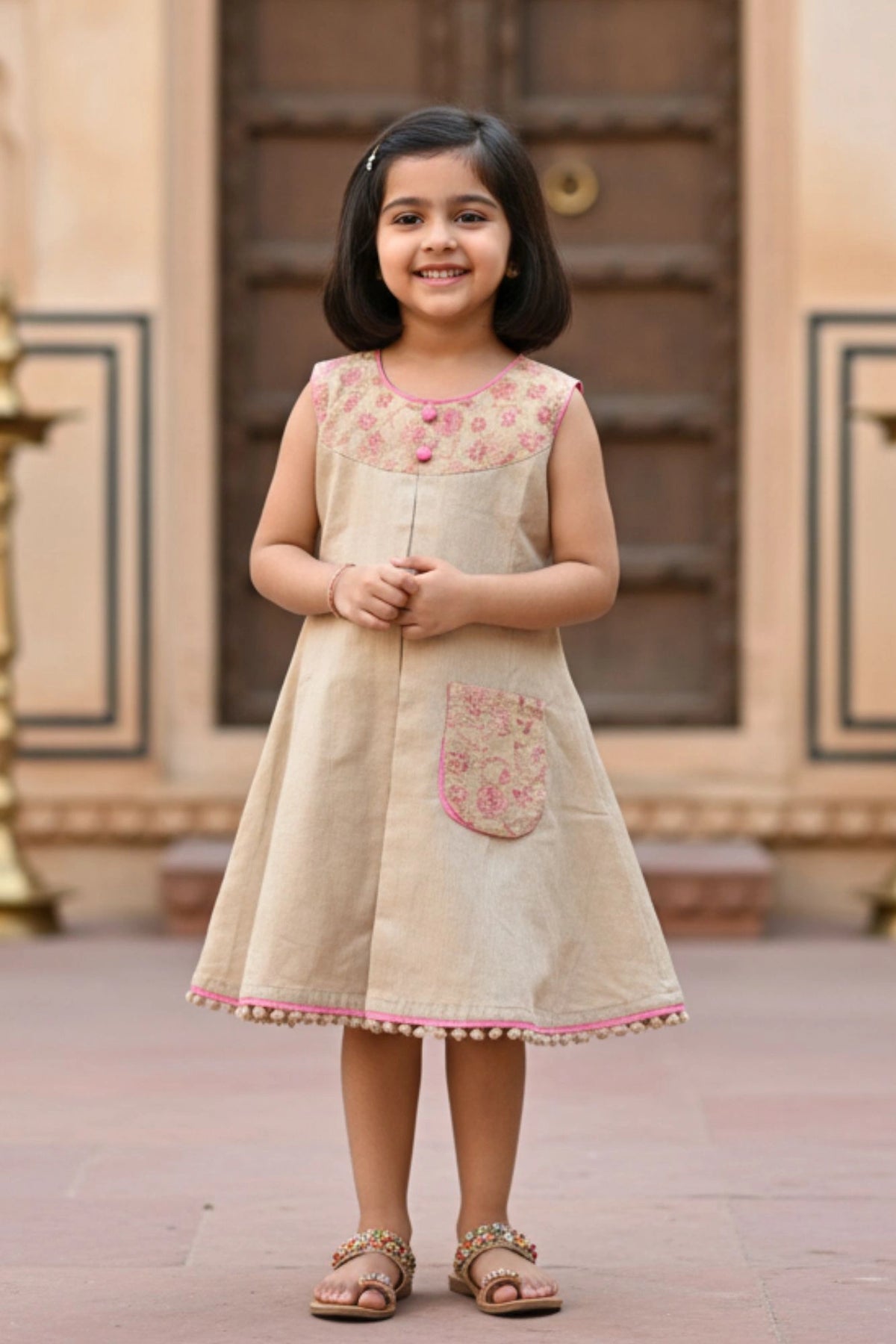 Beige Dress with Embroidered Yoke & Contrast Piping For Girls