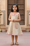 Beige Dress with Embroidered Yoke & Contrast Piping For Girls