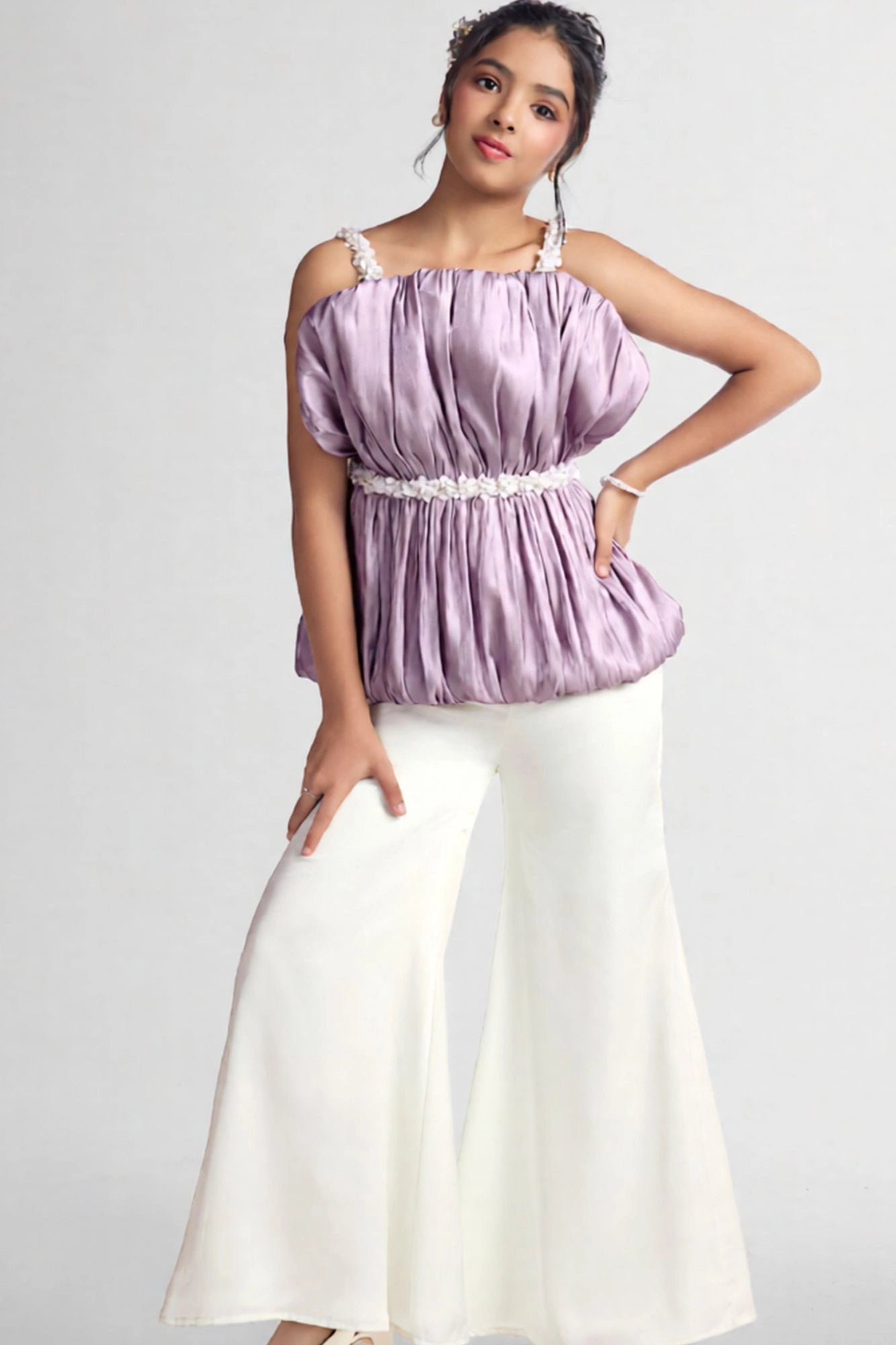 Lavender Ruched Top with White Flared Pants For Girls