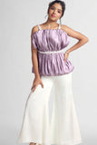 Lavender Ruched Top with White Flared Pants For Girls