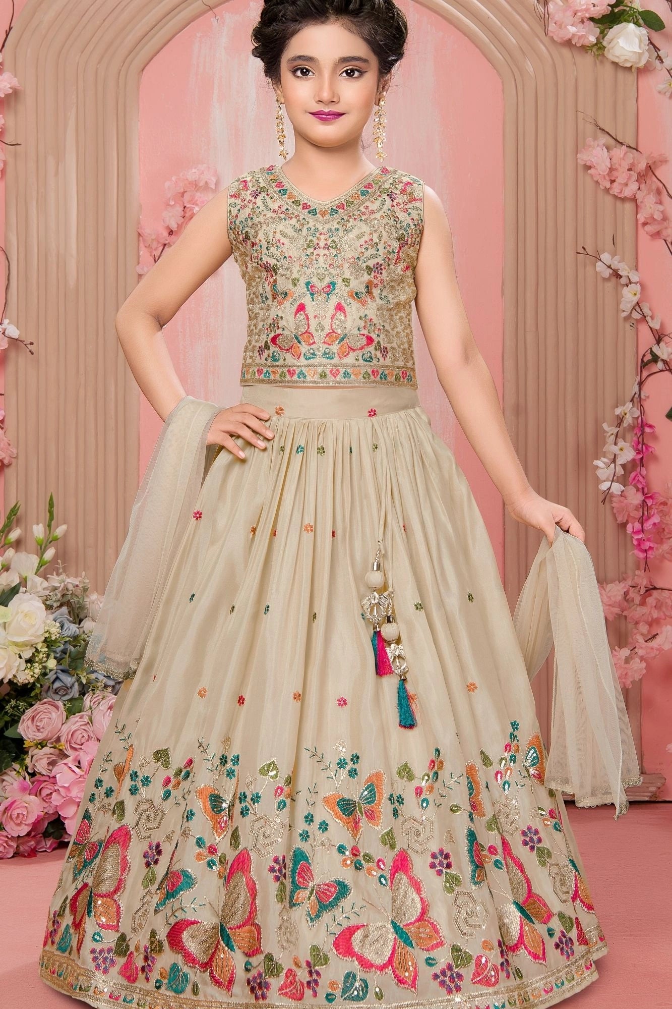 Beige Multi-Color Butterfly Sequins Embroidered Lehenga Choli Set for Girls