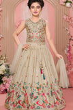 Beige Multi-Color Butterfly Sequins Embroidered Lehenga Choli Set for Girls