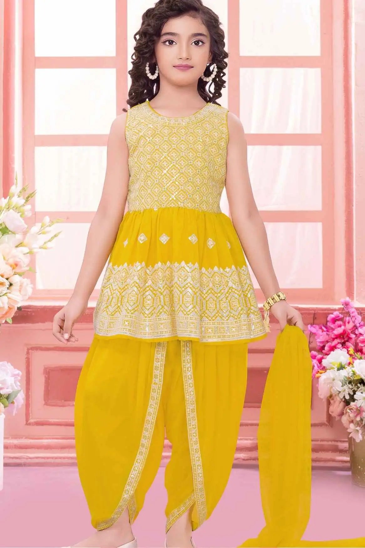 Yellow Sequins Embroidered Dhoti Set With Peplum Kurti And Dupatta For Girls