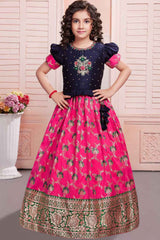 Navy Blue And Pink Silk Pattu Pavadai With Gold Foil Print For Girls