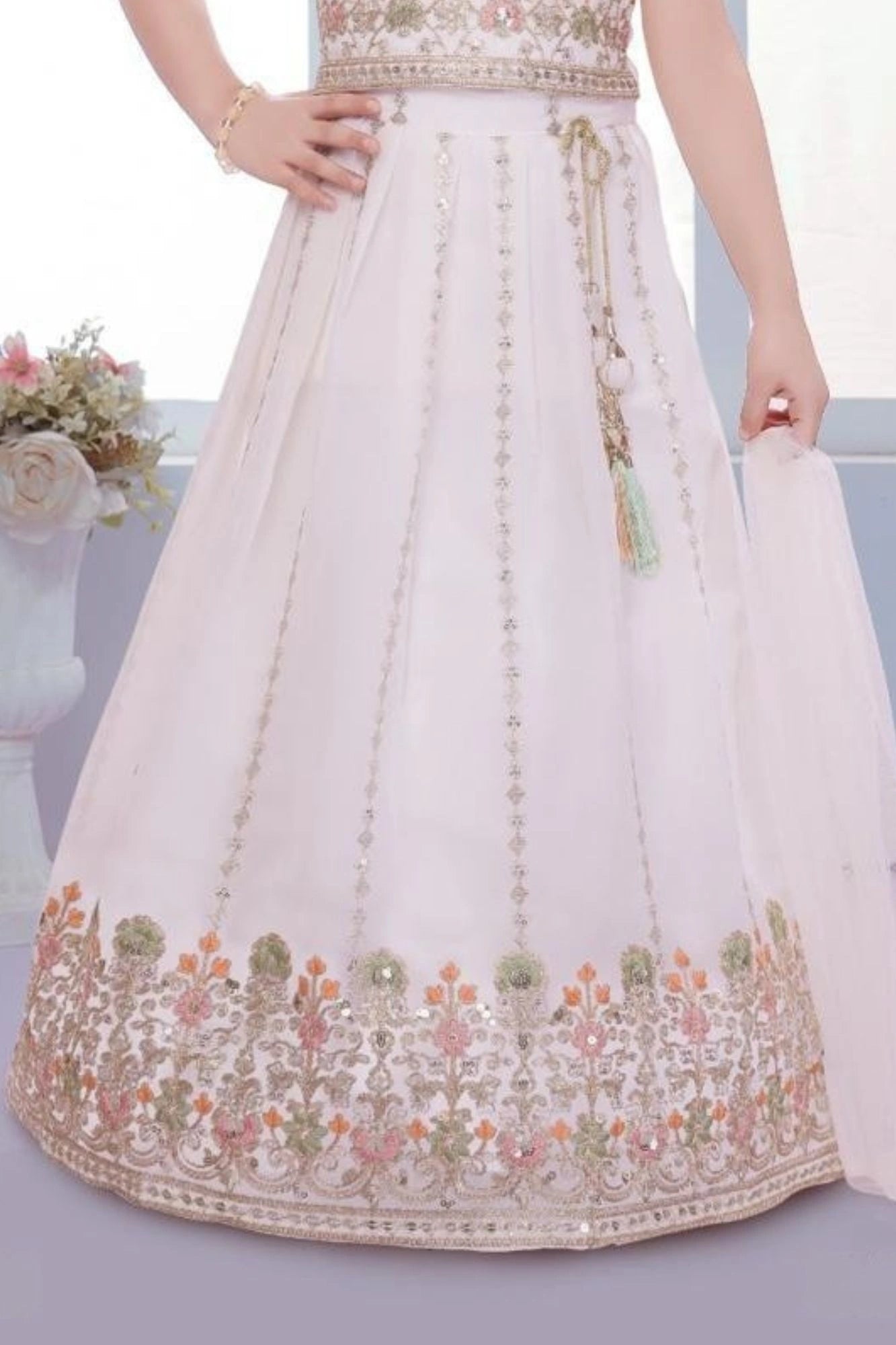 Cream Embroidered Lehenga Choli with Dupatta For Girls